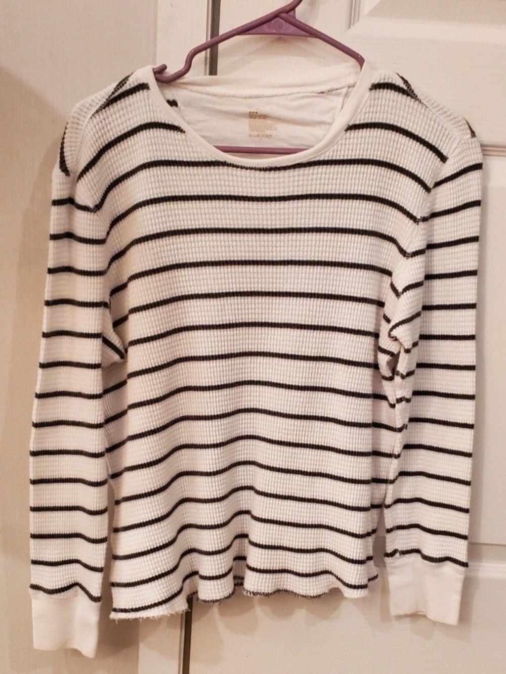 GAP White Long-Sleeve Waffle Knit Top with Black Stripes